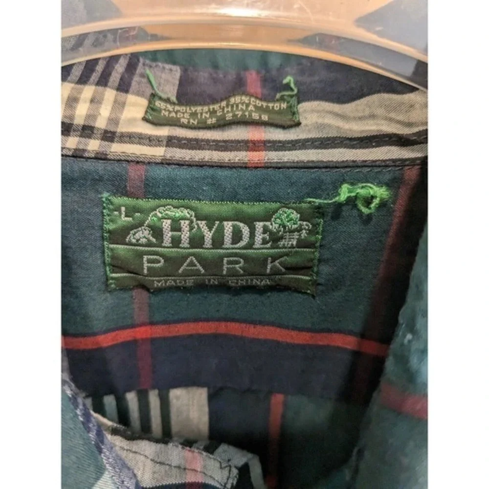 Vintage Hyde Park Men's Button Down Shirt Green‎ Blue Plaid Large 65/35